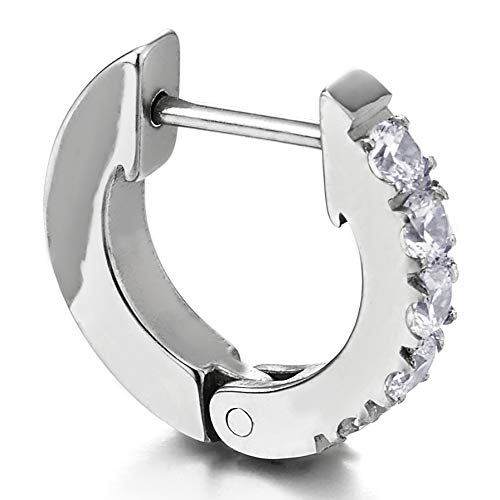 Mens Womens Pair Unisex Huggie Hinged Hoop Earrings with Cubic Zirconia - COOLSTEELANDBEYOND Jewelry