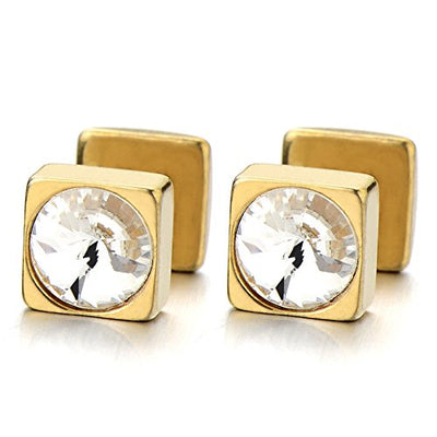 Mens Womens Square Stud Earrings Stainless Steel with Cubic Zirconia, Gold Color, 2pcs - COOLSTEELANDBEYOND Jewelry