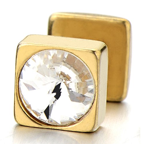 Mens Womens Square Stud Earrings Stainless Steel with Cubic Zirconia, Gold Color, 2pcs - COOLSTEELANDBEYOND Jewelry