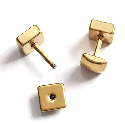 Mens Womens Square Stud Earrings Stainless Steel with Cubic Zirconia, Gold Color, 2pcs - COOLSTEELANDBEYOND Jewelry