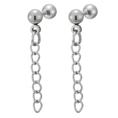 Mens Womens Stainless Steel Ball Stud Earrings with Drop Dangle Curb Chain, Screw Back, 2 pcs - COOLSTEELANDBEYOND Jewelry