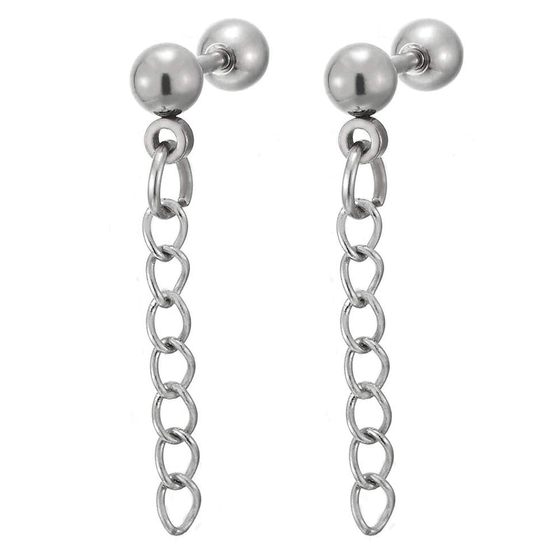 Mens Womens Stainless Steel Ball Stud Earrings with Drop Dangle Curb Chain, Screw Back, 2 pcs - COOLSTEELANDBEYOND Jewelry