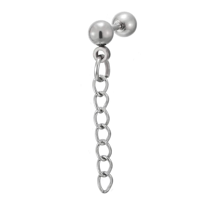 Mens Womens Stainless Steel Ball Stud Earrings with Drop Dangle Curb Chain, Screw Back, 2 pcs - COOLSTEELANDBEYOND Jewelry