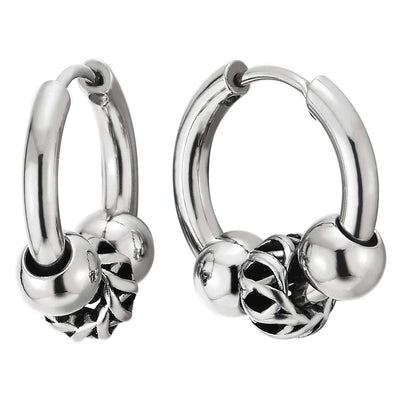 Mens Womens Stainless Steel Bead Circle Huggie Hinged Hoop Earrings with Vintage Hollow Bead Charm - COOLSTEELANDBEYOND Jewelry