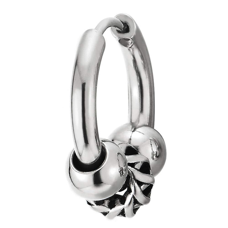 Mens Womens Stainless Steel Bead Circle Huggie Hinged Hoop Earrings with Vintage Hollow Bead Charm - COOLSTEELANDBEYOND Jewelry