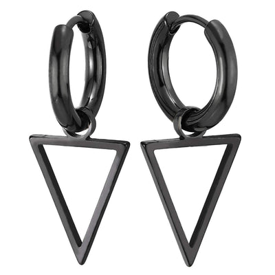 Mens Womens Stainless Steel Black Circle Huggie Hinged Hoop Earrings with Dangling Inverted Triangle - COOLSTEELANDBEYOND Jewelry