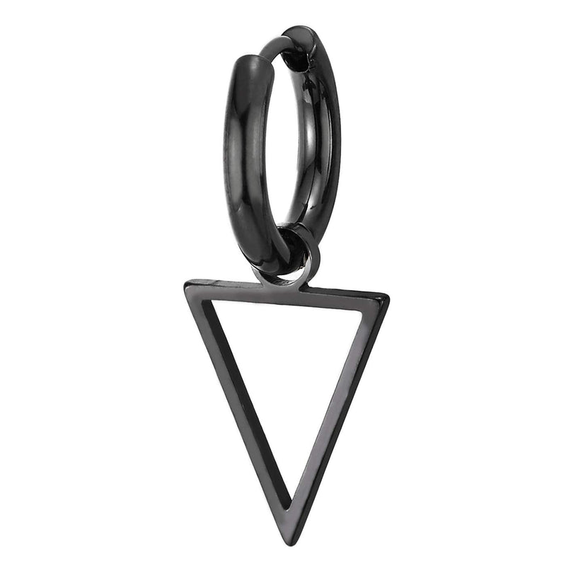 Mens Womens Stainless Steel Black Circle Huggie Hinged Hoop Earrings with Dangling Inverted Triangle - COOLSTEELANDBEYOND Jewelry