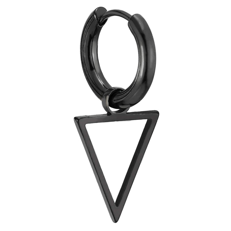 Mens Womens Stainless Steel Black Circle Huggie Hinged Hoop Earrings with Dangling Inverted Triangle - COOLSTEELANDBEYOND Jewelry