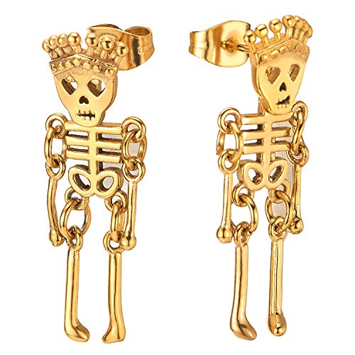 Mens Womens Stainless Steel Black Crown Skull Skeleton Bone Stud Earrings Drop Dangle, 2Pcs - coolsteelandbeyond