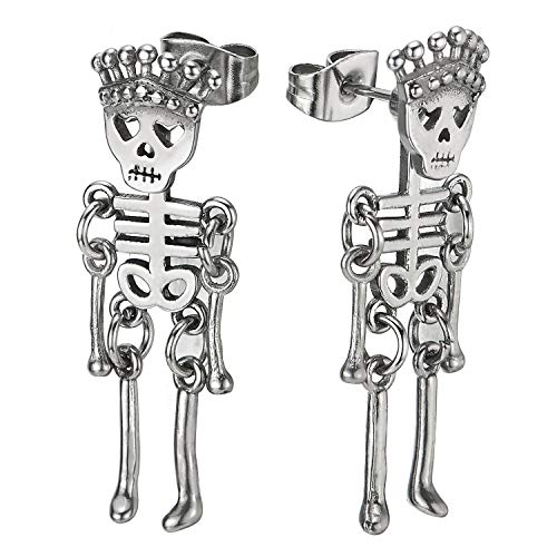 Mens Womens Stainless Steel Black Crown Skull Skeleton Bone Stud Earrings Drop Dangle, 2Pcs - coolsteelandbeyond