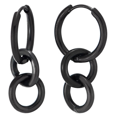 Mens Womens Stainless Steel Black Three Circles Link Huggie Hinged Hoop Earrings, 2pcs - COOLSTEELANDBEYOND Jewelry