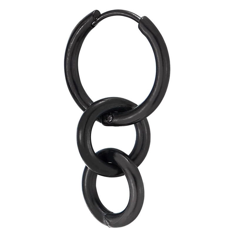 Mens Womens Stainless Steel Black Three Circles Link Huggie Hinged Hoop Earrings, 2pcs - COOLSTEELANDBEYOND Jewelry