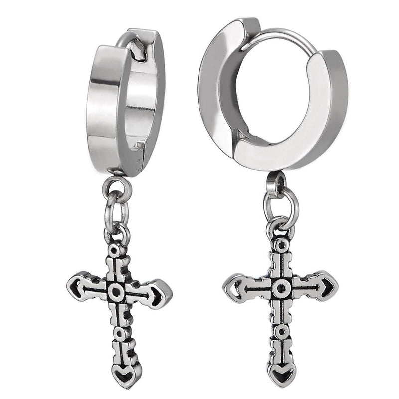 Mens Womens Stainless Steel Circle Huggie Hinged Hoop Earrings with Dangling Cross - COOLSTEELANDBEYOND Jewelry