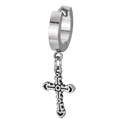 Mens Womens Stainless Steel Circle Huggie Hinged Hoop Earrings with Dangling Cross - COOLSTEELANDBEYOND Jewelry