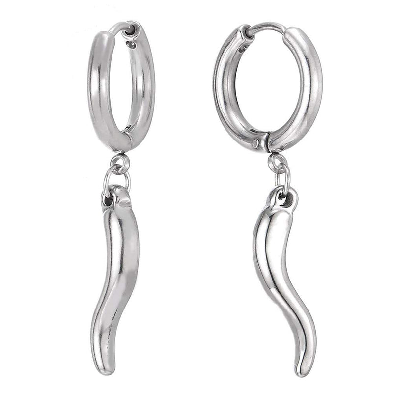 Mens Womens Stainless Steel Circle Huggie Hinged Hoop Earrings with Dangling Horn Charm, 2pcs - COOLSTEELANDBEYOND Jewelry