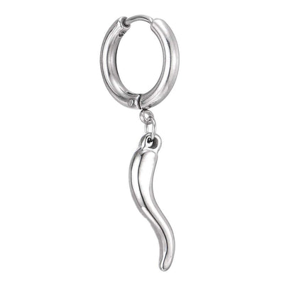Mens Womens Stainless Steel Circle Huggie Hinged Hoop Earrings with Dangling Horn Charm, 2pcs - COOLSTEELANDBEYOND Jewelry