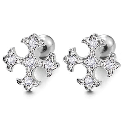 Mens Womens Stainless Steel Dotted Cross Stud Earrings with Cubic Zirconia, Screw Back, 2 pcs - COOLSTEELANDBEYOND Jewelry