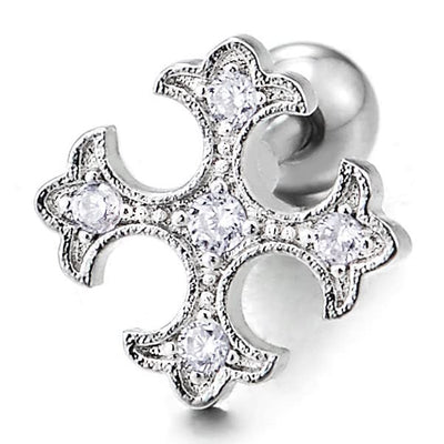 Mens Womens Stainless Steel Dotted Cross Stud Earrings with Cubic Zirconia, Screw Back, 2 pcs - COOLSTEELANDBEYOND Jewelry