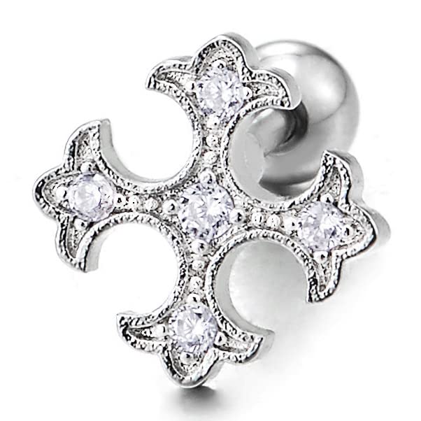 Mens Womens Stainless Steel Dotted Cross Stud Earrings with Cubic Zirconia, Screw Back, 2 pcs - COOLSTEELANDBEYOND Jewelry