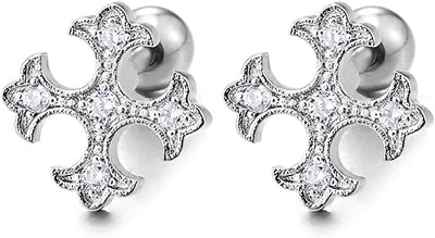 Mens Womens Stainless Steel Dotted Cross Stud Earrings with Cubic Zirconia, Screw Back, 2 pcs - COOLSTEELANDBEYOND Jewelry