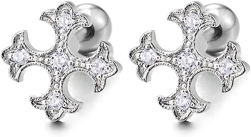 Mens Womens Stainless Steel Dotted Cross Stud Earrings with Cubic Zirconia, Screw Back, 2 pcs - COOLSTEELANDBEYOND Jewelry