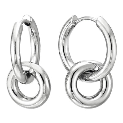 Mens Womens Stainless Steel Double Circles Link Huggie Hinged Hoop Earrings, 2pcs - coolsteelandbeyond
