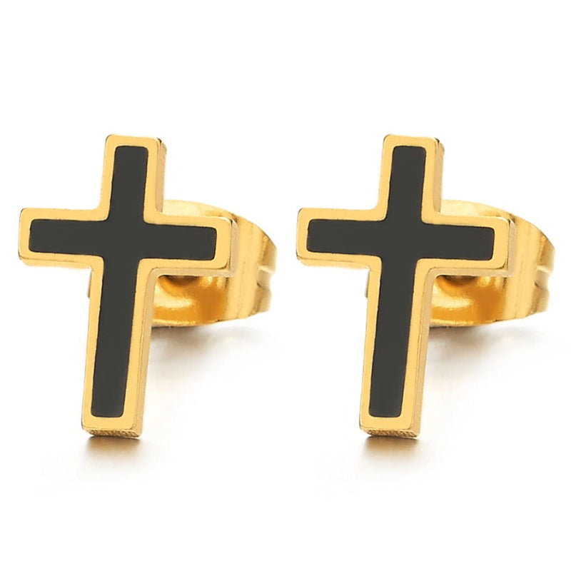 Mens Womens Stainless Steel Flat Cross Stud Earrings with Black Enamel, 2 pcs - COOLSTEELANDBEYOND Jewelry