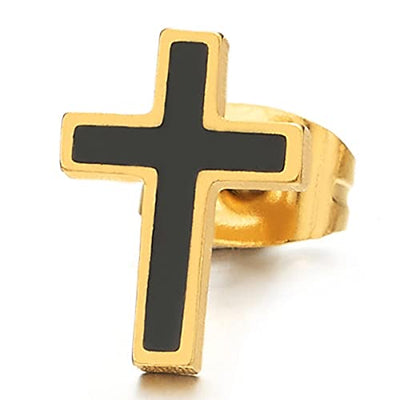 Mens Womens Stainless Steel Flat Cross Stud Earrings with Black Enamel, 2 pcs - COOLSTEELANDBEYOND Jewelry