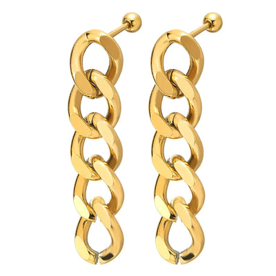 Mens Womens Stainless Steel Gold Color Asymmetry Curb Chain Stud Earrings, Dangle Drop, Screw Back