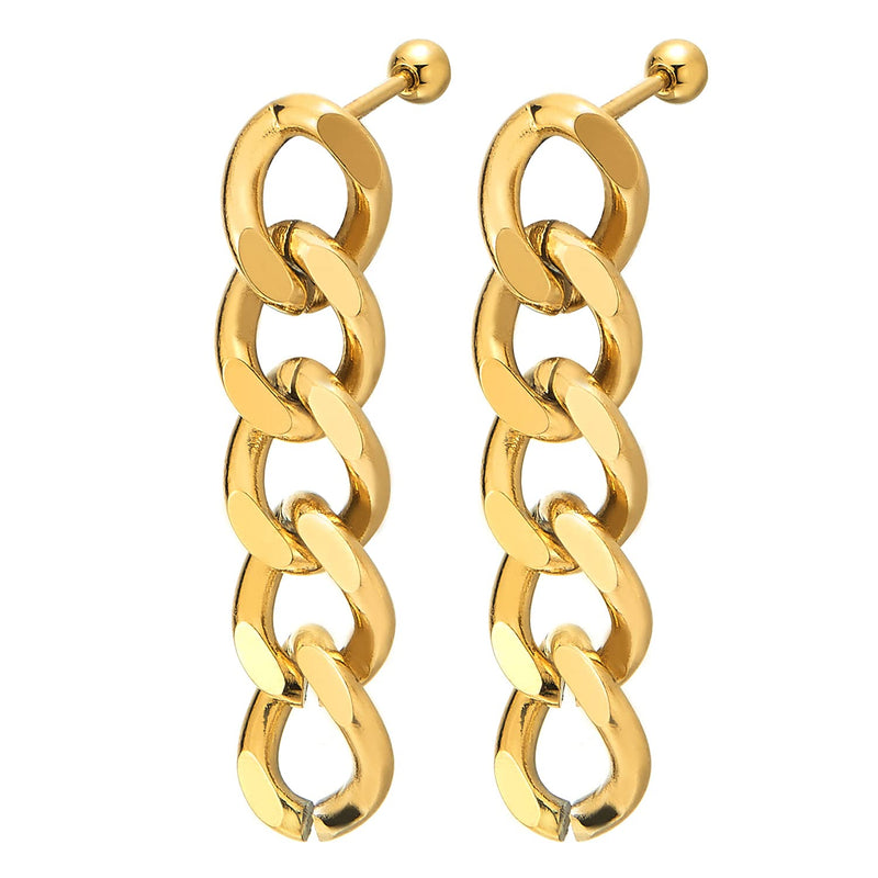 Mens Womens Stainless Steel Gold Color Asymmetry Curb Chain Stud Earrings, Dangle Drop, Screw Back - COOLSTEELANDBEYOND Jewelry