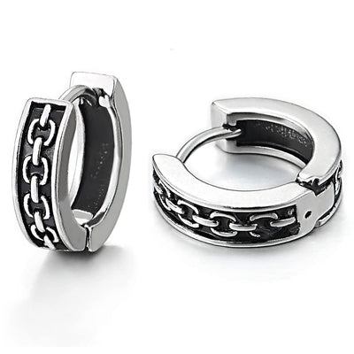 Mens Womens Stainless Steel Grooved Chain Link Pattern Huggie Hinged Hoop Earrings with Black Enamel - COOLSTEELANDBEYOND Jewelry