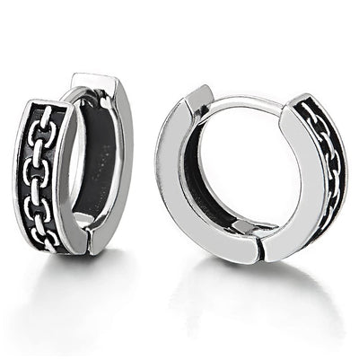 Mens Womens Stainless Steel Grooved Chain Link Pattern Huggie Hinged Hoop Earrings with Black Enamel - COOLSTEELANDBEYOND Jewelry