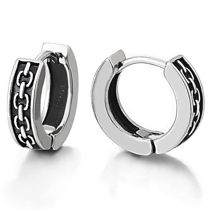 Mens Womens Stainless Steel Grooved Chain Link Pattern Huggie Hinged Hoop Earrings with Black Enamel - COOLSTEELANDBEYOND Jewelry