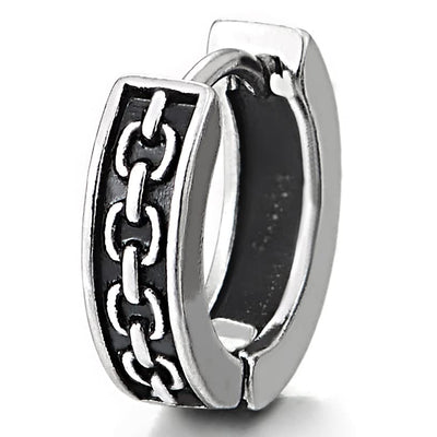 Mens Womens Stainless Steel Grooved Chain Link Pattern Huggie Hinged Hoop Earrings with Black Enamel - COOLSTEELANDBEYOND Jewelry