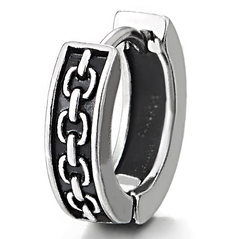 Mens Womens Stainless Steel Grooved Chain Link Pattern Huggie Hinged Hoop Earrings with Black Enamel - COOLSTEELANDBEYOND Jewelry