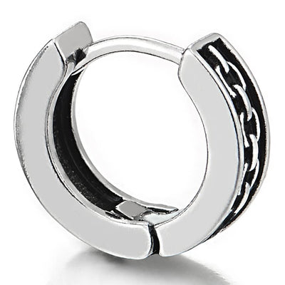 Mens Womens Stainless Steel Grooved Chain Link Pattern Huggie Hinged Hoop Earrings with Black Enamel - COOLSTEELANDBEYOND Jewelry