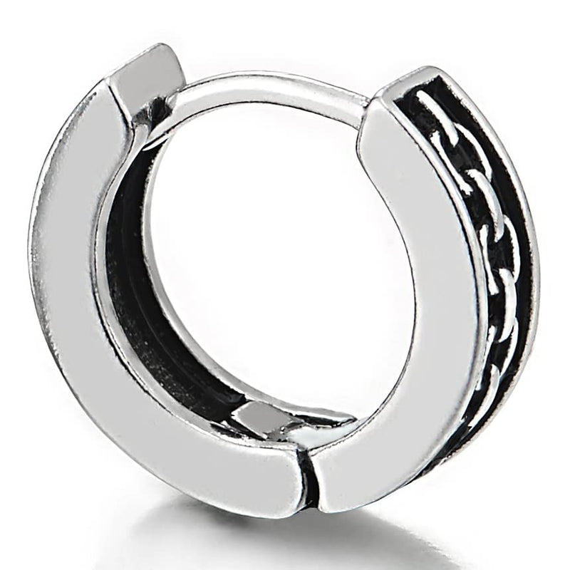 Mens Womens Stainless Steel Grooved Chain Link Pattern Huggie Hinged Hoop Earrings with Black Enamel - COOLSTEELANDBEYOND Jewelry