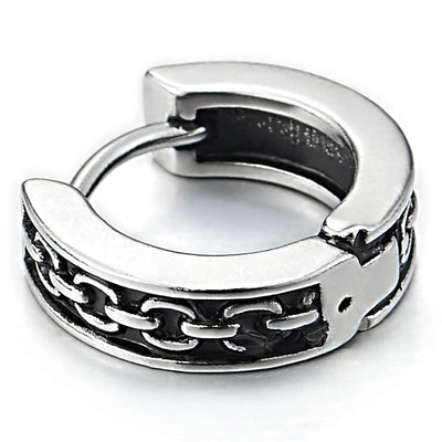 Mens Womens Stainless Steel Grooved Chain Link Pattern Huggie Hinged Hoop Earrings with Black Enamel - COOLSTEELANDBEYOND Jewelry