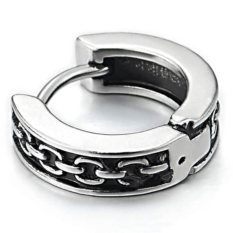 Mens Womens Stainless Steel Grooved Chain Link Pattern Huggie Hinged Hoop Earrings with Black Enamel - COOLSTEELANDBEYOND Jewelry