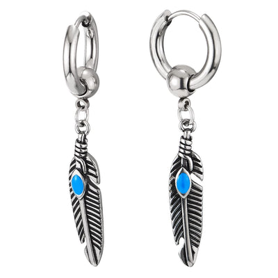 Mens Womens Stainless Steel Huggie Hinged Hoop Earrings, Dangling Feather Leaf with Turquoise - COOLSTEELANDBEYOND Jewelry