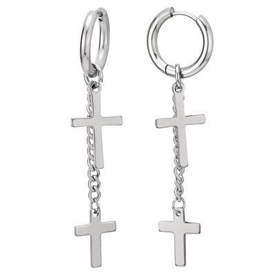 Mens Womens Stainless Steel Huggie Hinged Hoop Earrings with Dangling Long Chain Two Crosses - COOLSTEELANDBEYOND Jewelry