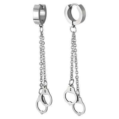 Mens Womens Stainless Steel Huggie Hinged Hoop Earrings with Double Long Chains Dangle Handcuffs - COOLSTEELANDBEYOND Jewelry