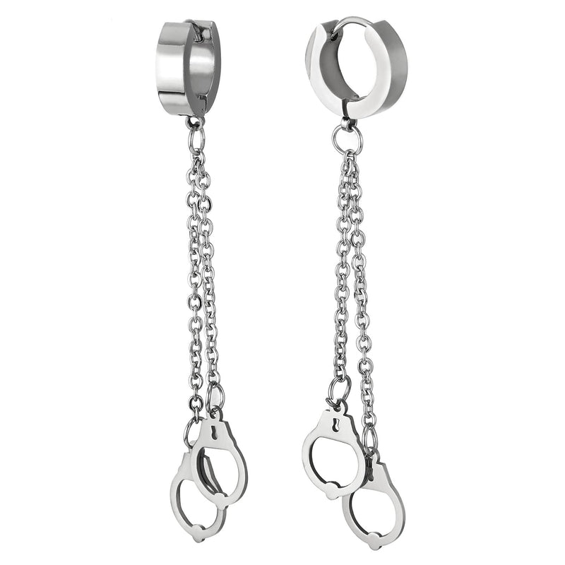 Mens Womens Stainless Steel Huggie Hinged Hoop Earrings with Double Long Chains Dangle Handcuffs - COOLSTEELANDBEYOND Jewelry