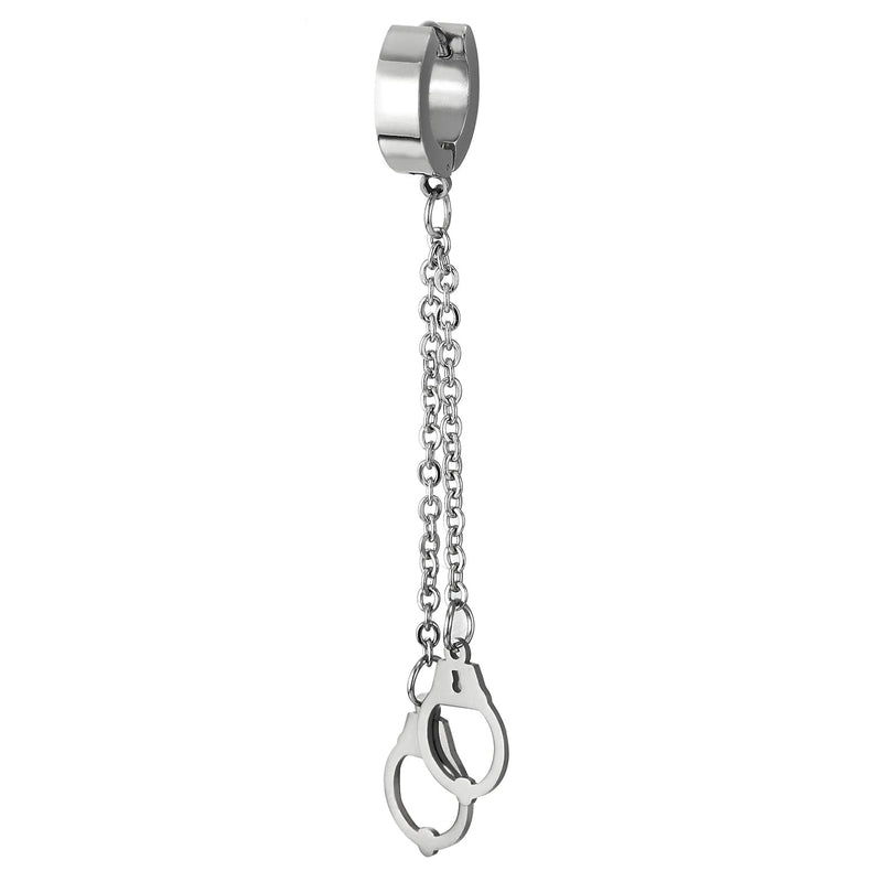 Mens Womens Stainless Steel Huggie Hinged Hoop Earrings with Double Long Chains Dangle Handcuffs - COOLSTEELANDBEYOND Jewelry
