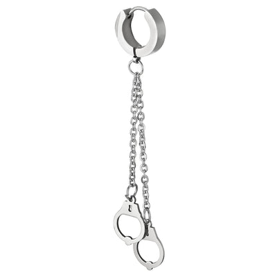 Mens Womens Stainless Steel Huggie Hinged Hoop Earrings with Double Long Chains Dangle Handcuffs - COOLSTEELANDBEYOND Jewelry
