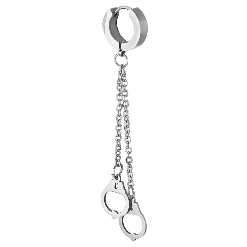 Mens Womens Stainless Steel Huggie Hinged Hoop Earrings with Double Long Chains Dangle Handcuffs - COOLSTEELANDBEYOND Jewelry