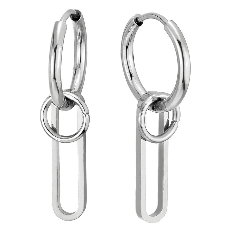 Mens Womens Stainless Steel Huggie Hinged Hoop Earrings with Drop Dangle Circle Oval Charm, 2 pcs - COOLSTEELANDBEYOND Jewelry