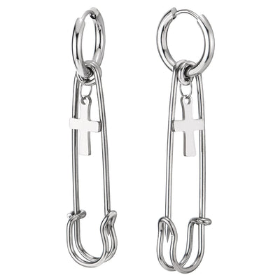 Mens Womens Stainless Steel Huggie Hinged Hoop Earrings with Drop Dangle Paperclip and Cross, 2pcs - COOLSTEELANDBEYOND Jewelry