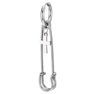 Mens Womens Stainless Steel Huggie Hinged Hoop Earrings with Drop Dangle Paperclip and Cross, 2pcs - COOLSTEELANDBEYOND Jewelry