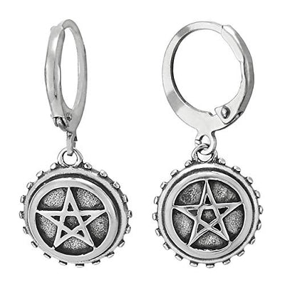 Mens Womens Stainless Steel Huggie Hinged Hoop Earrings with Vintage Dotted Circle Star Pentagram - coolsteelandbeyond